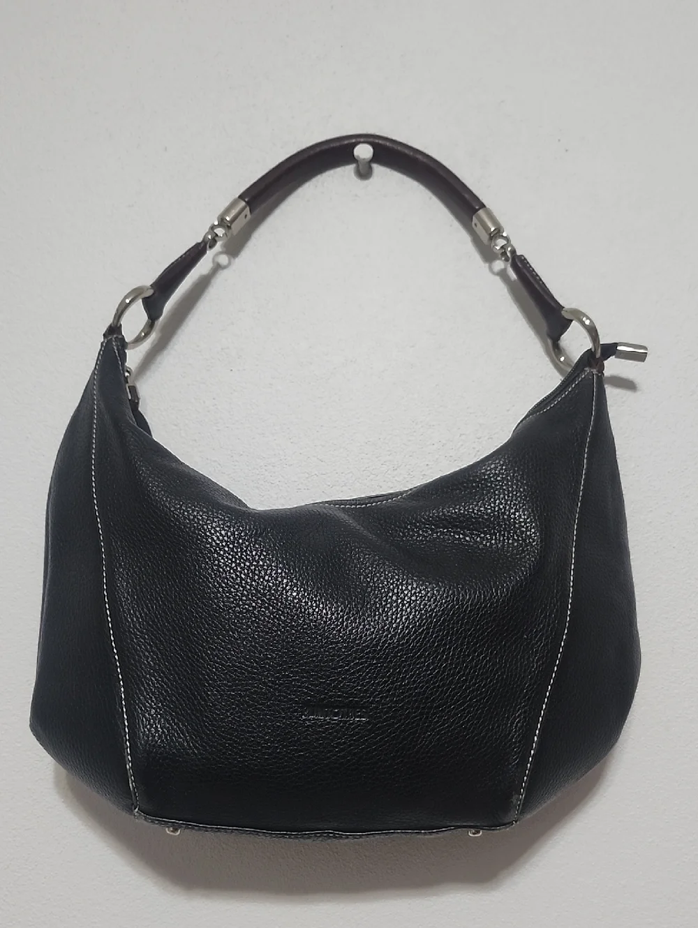 Puntotres Black Pebbled Leather Hobo Bag Made In Spain